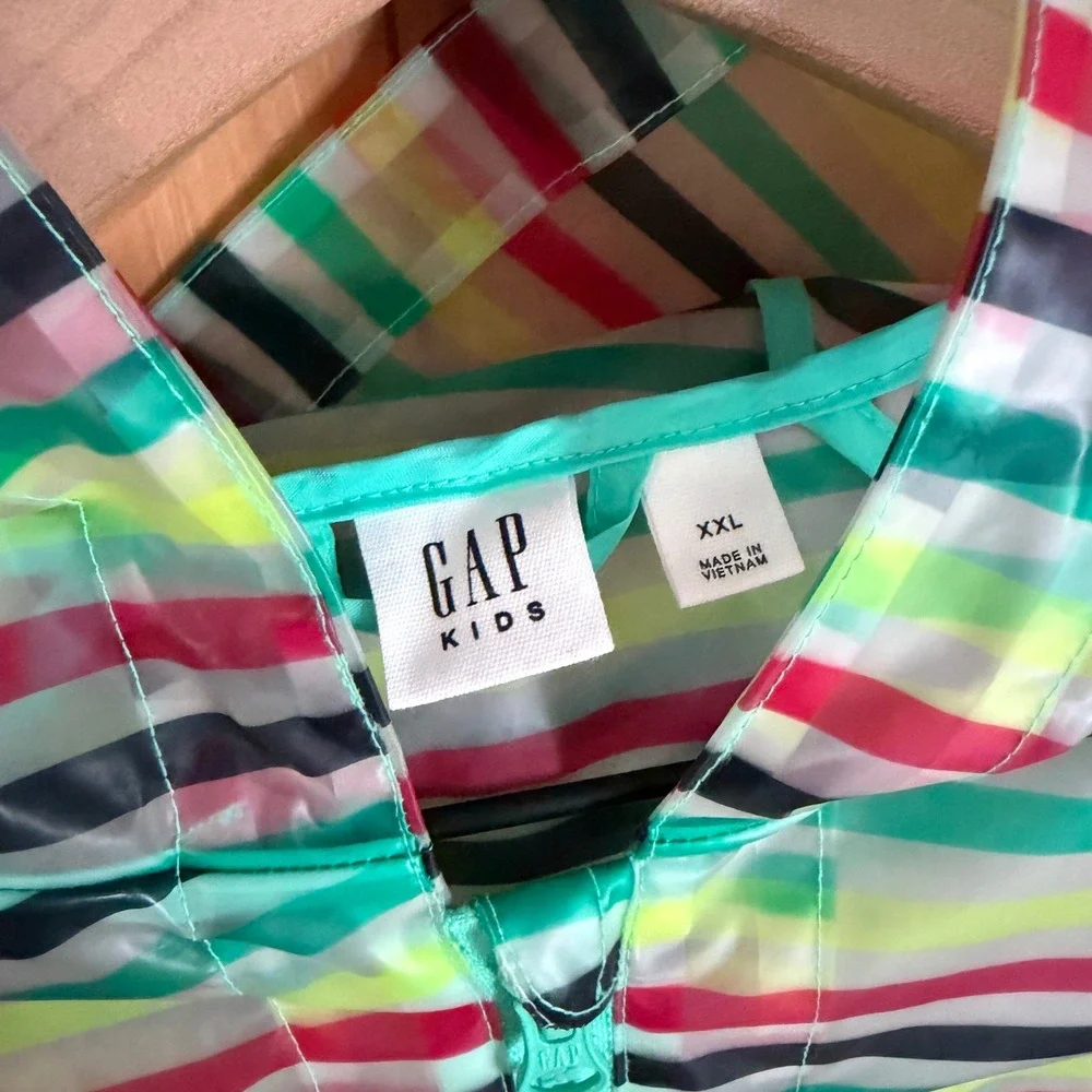 Gap Kids Rain Poncho Kids‎ XXL Multi Stripe Teal Pink Yellow Waterproof Hood Zip